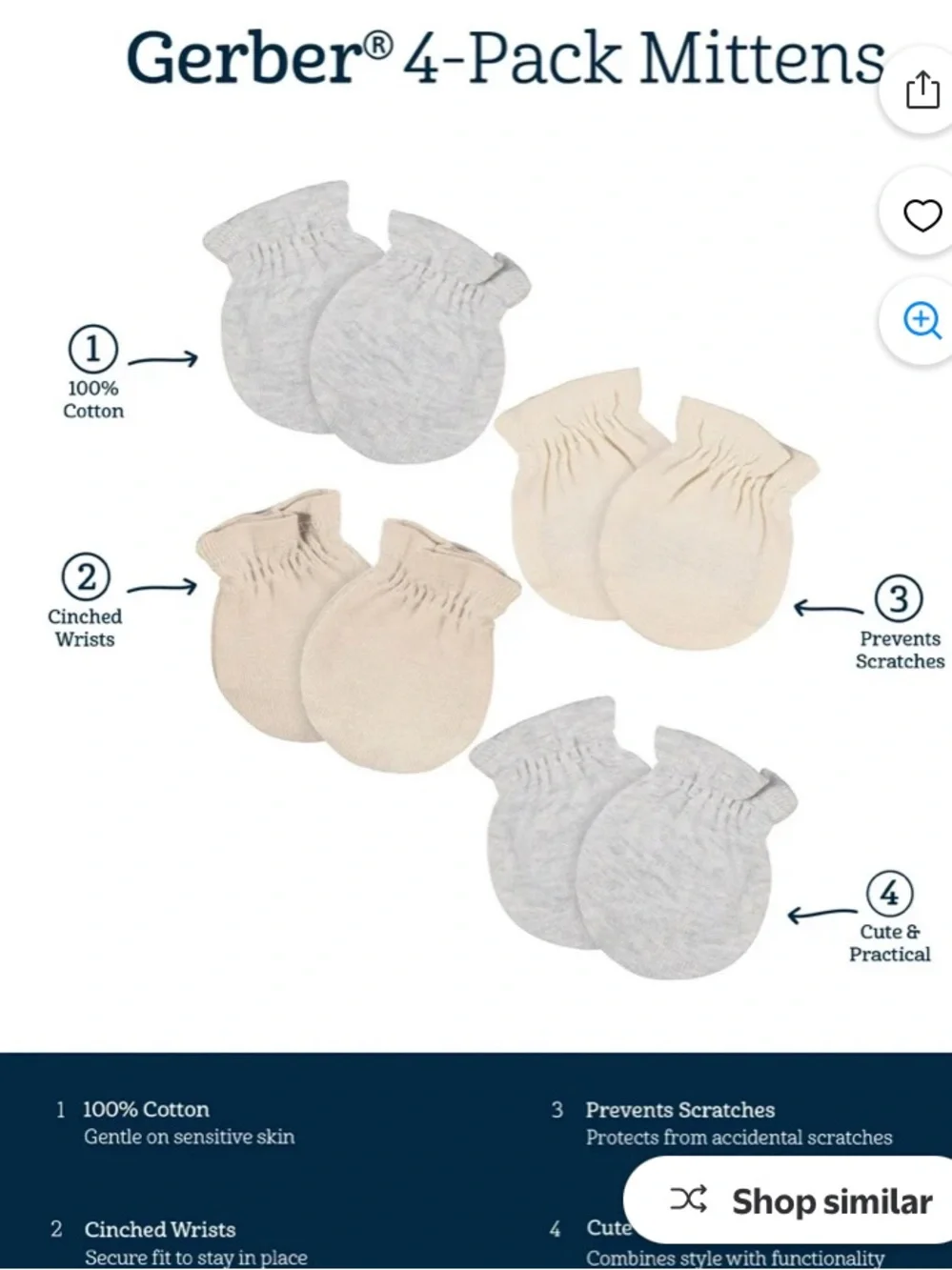 Gerber Baby Mittens 4-Pack - Light Blue, Tan, Navy, White